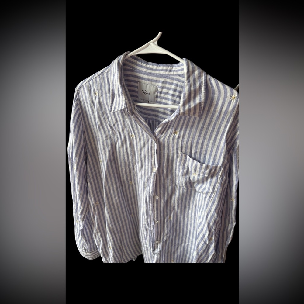 Rails Blue and White Striped Blouse large denim/white with intricate flowers